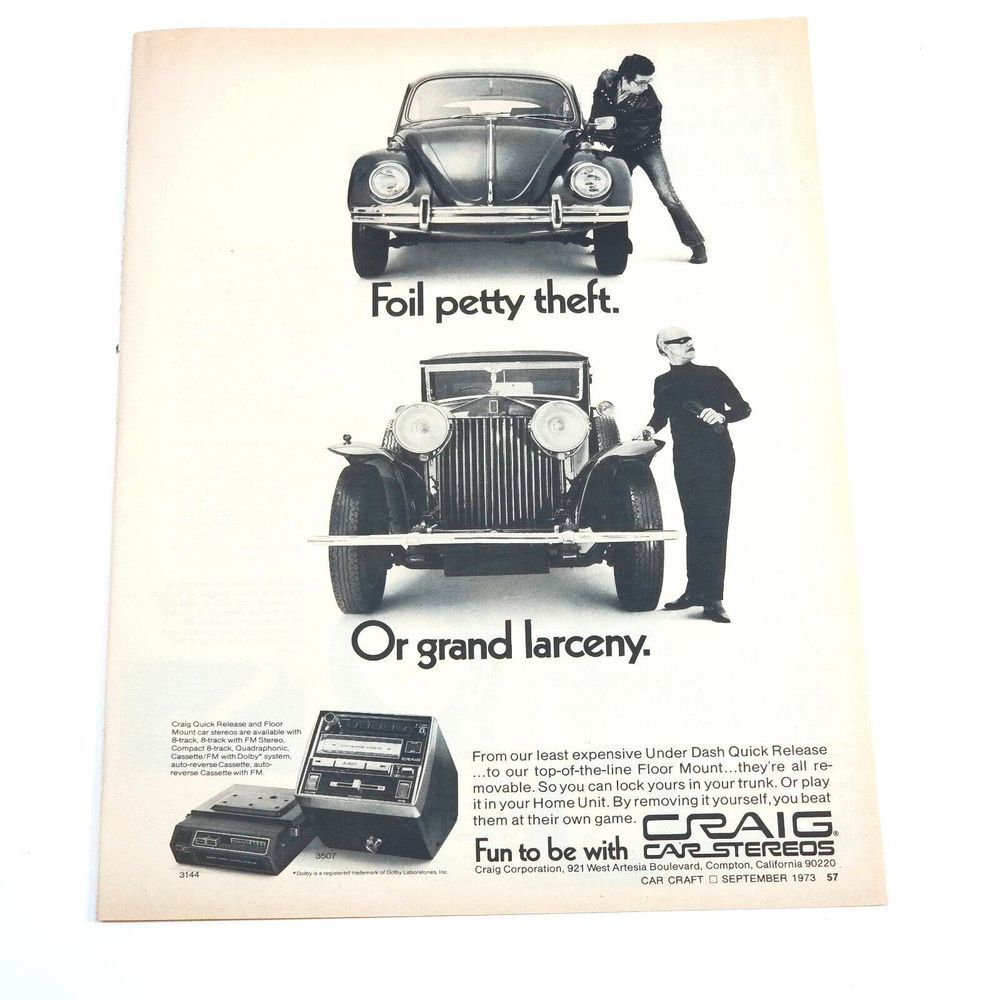 VTG Craig Car Stereos VW Beetle Rolls Royce B&W Print Ad 9/73 Car Craft Magazine